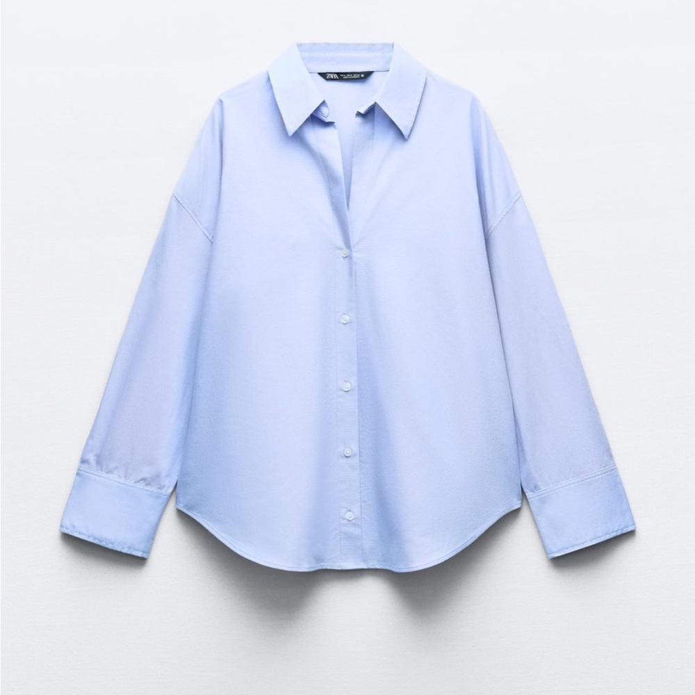 Zara Blue Cotton Blend Oxford Button Down Shirt with Oversized Fit